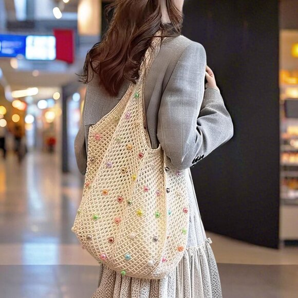 Boho Crochet Beach Bag Tote Large Capacity Summer Travel Gift - Picture 6 of 8